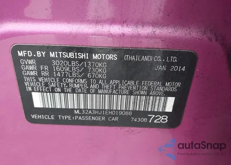 2014 Mitsubishi Mirage De z USA, uszkodzony, nr VIN ML32A3HJ1EH019088